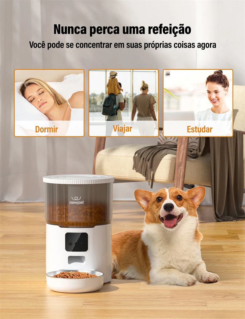 Alimentador Automático com Câmera HD e Controle por App - Newpet 4L Dispenser de Ração