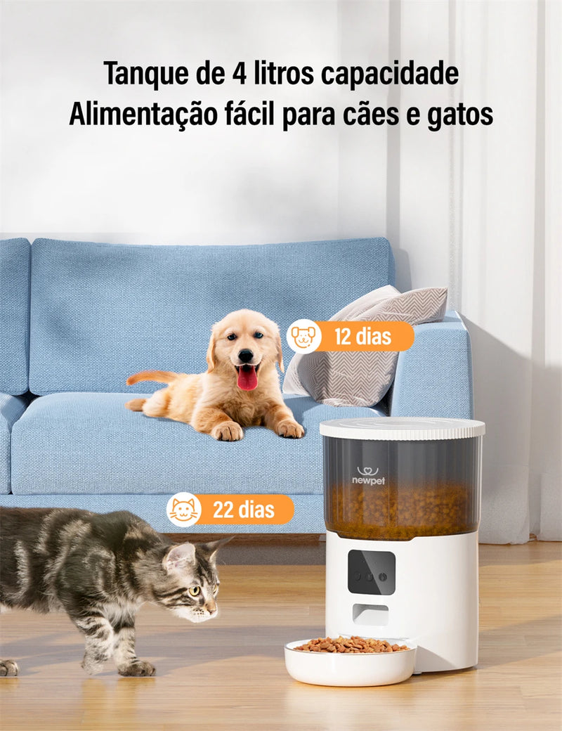 Alimentador Automático com Câmera HD e Controle por App - Newpet 4L Dispenser de Ração